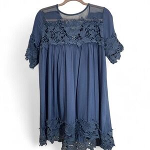 Blue lace babydoll mumu flowy boho dress with mesh neckline and lace hem size L